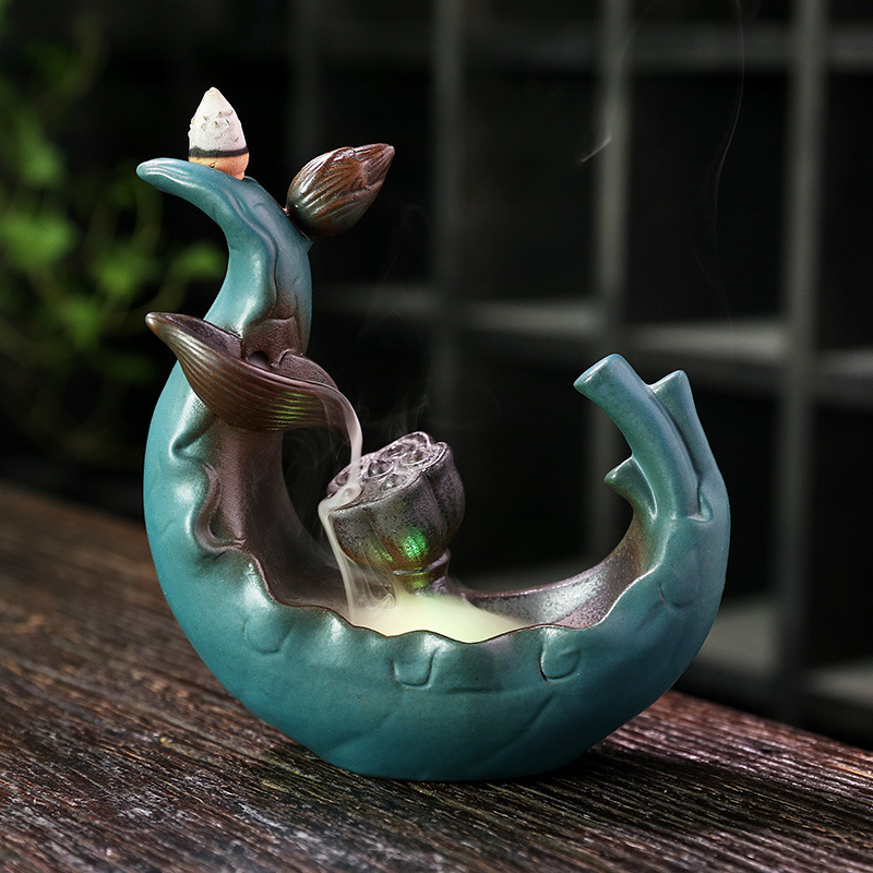 Incense Burner - LED Lotus Seed Ceramic Bottle Backflow Waterfall Incense Holder