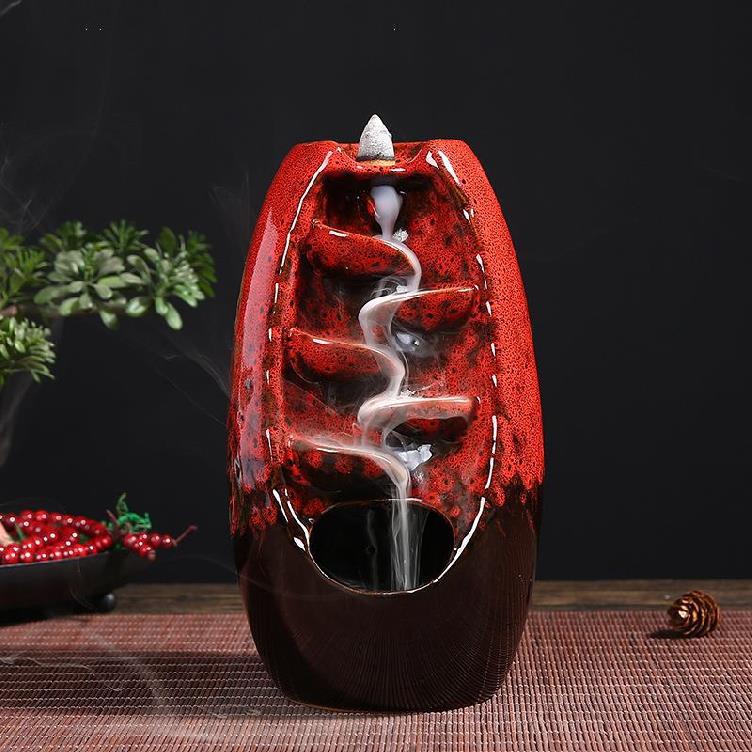Incense Burner - Ceramic Backflow Waterfall Incense Holder - Red