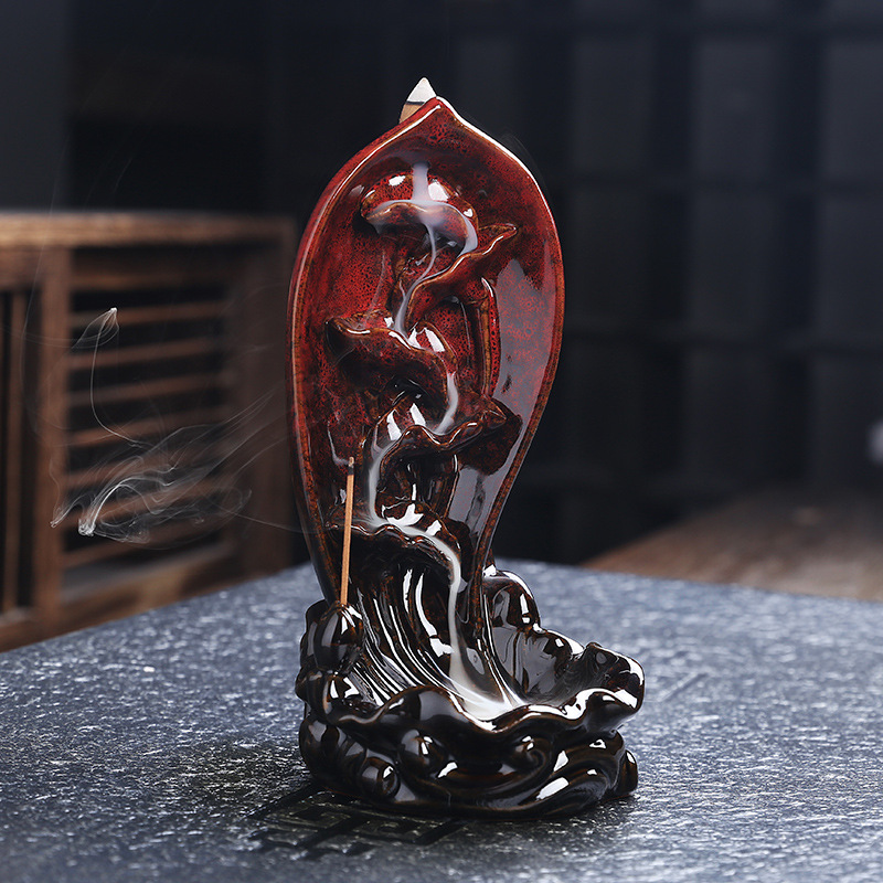 Incense Burner - Lotus Ceramic Backflow Waterfall Incense Holder, Red