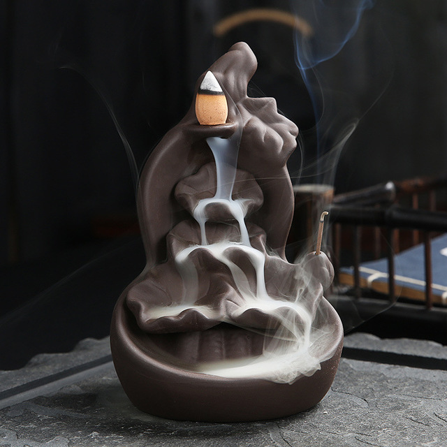 Incense Burner - Gourd with Leaf Ceramic Backflow Waterfall Incense Holder, Brown