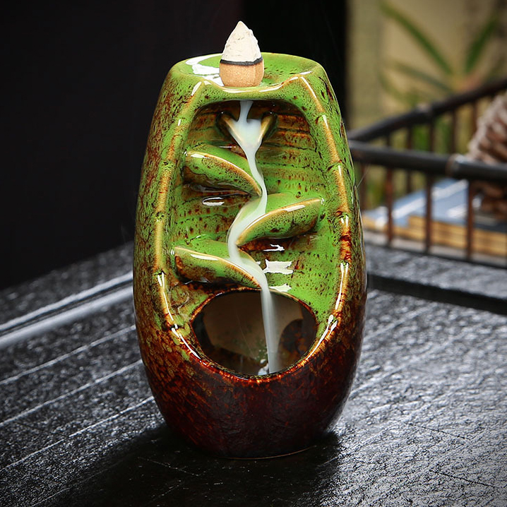 Incense Burner - Ceramic Backflow Waterfall Incense Holder, Green