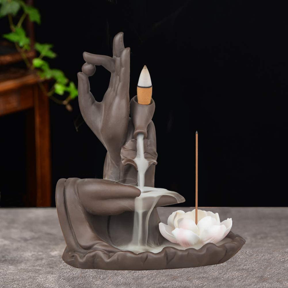 Brown Backflow Buddha Hands Lotus Ceramic Incense Burner