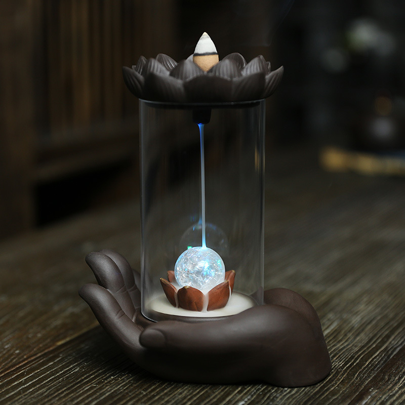 Incense Burner - LED Ball on Hand Ceramic Backflow Waterfall Incense Holder