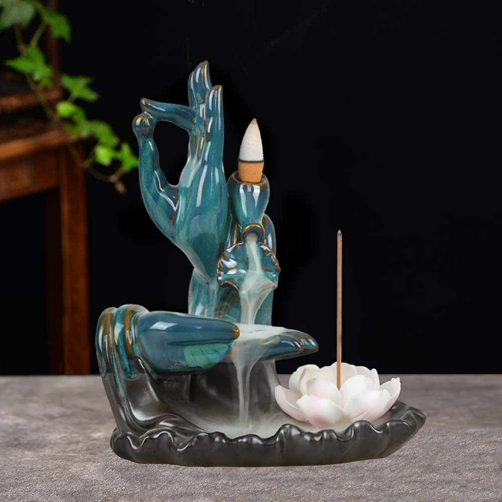 Zen Incense Burner Ceramic Backflow Waterfall with Lotus, Blue