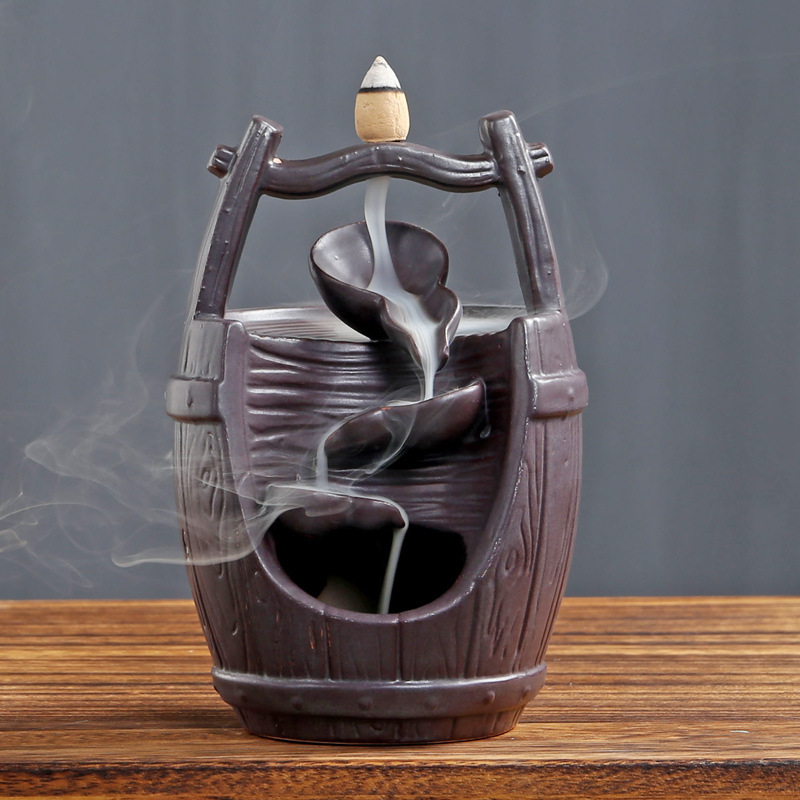 Incense Burner - Bucket Ceramic Backflow Waterfall Incense Holder, Brown