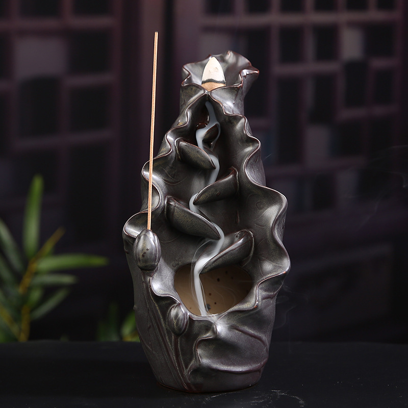 Incense Burner - Lotus Leaf with Seeds Ceramic Backflow Waterfall Incense Holder, Brown