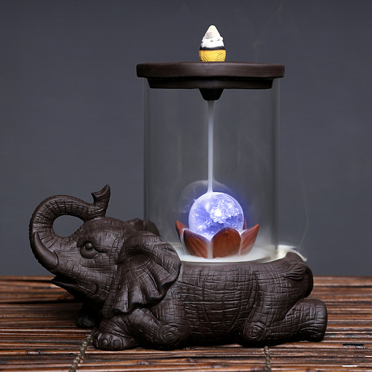 Incense Burner - LED Ball Elephant Ceramic Backflow Waterfall Incense Holder
