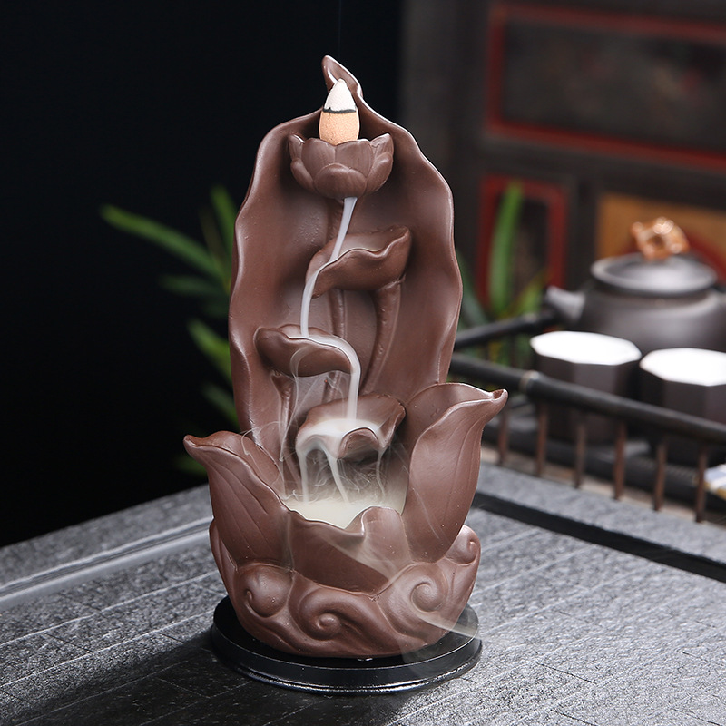Incense Burner - Creative Lotus Leaf Ceramic Bottle Backflow Waterfall Incense Holder